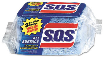 S.O.S® All Surface Scrubber Sponge, 2 1/2 x 4 1/2, 0.9" Thick, Blue, 3/Pack, 8 Packs/CT