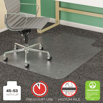 deflecto® SuperMat Frequent Use Chair Mat for Medium Pile Carpeting, Medium Pile Carpet, Beveled, 45x53 w/Lip, Clear