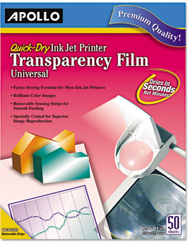 Apollo® Universal Quick-Dry Inkjet Printer Transparency Film, Letter, Clear, 50/BX