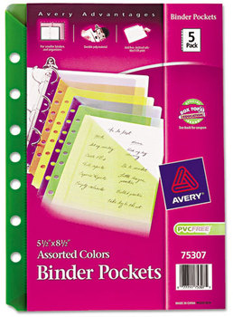 Avery® Mini Size Binder Pockets Small Standard, 7-Hole Punched, Assorted, 9.25 x 5.5, 5/Pack