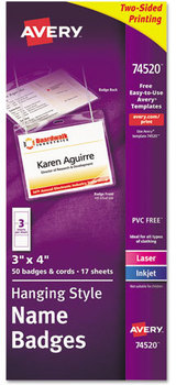Avery® Name Badge Holder Kits with Inserts Necklace-Style w/Laser/Inkjet Insert, Top Load, 4 x 3, WE, 50/Box