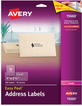 Avery® Matte Clear Easy Peel® Mailing Labels with Sure Feed® Technology w/ Laser Printers, 1 x 2.63, 30/Sheet, 10 Sheets/Pack