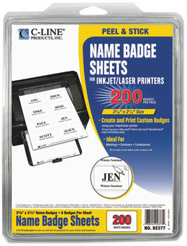 C-Line® Laser Printer Name Badges, 3 3/8 x 2 1/3, White, 200/Box