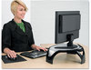 A Picture of product FEL-8020101 Fellowes® Smart Suites™ Corner Monitor Riser For 21" Monitors, 18.5" x 12.5" 3.88" to 5.13", Black/Clear Frost, Supports 40 lbs