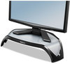 A Picture of product FEL-8020101 Fellowes® Smart Suites™ Corner Monitor Riser For 21" Monitors, 18.5" x 12.5" 3.88" to 5.13", Black/Clear Frost, Supports 40 lbs
