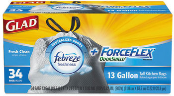 Glad® ForceFlex® OdorShield® Tall Kitchen Drawstring Trash Bags. 13 gal. 24 X 28 in. White. Fresh Clean scent. 34 bags/box, 6 boxes/carton.