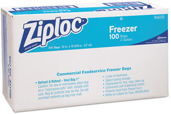 Ziploc® Commercial Resealable Freezer Bags,  Zipper, 2gal, 13 x 15 1/2, Clear, 100/Carton
