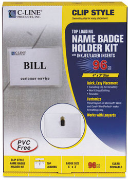 C-Line® Name Badge Kits, Top Load, 4 x 3, Clear, Clip Style, 96/Box