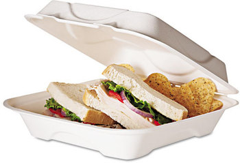 Renewable and Compostable Sugarcane Clamshells, 9 x 9 x 3, White, 50/Pack, 4 Packs/Carton