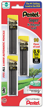 Pentel® Super Hi-Polymer® Lead Refills, 0.9mm, HB, Black, 30/Tube, 3 Tubes/Pack