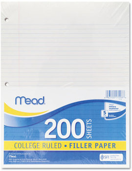Mead® Filler Paper, 15lb, College Rule, 11 x 8 1/2, White, 200 Sheets