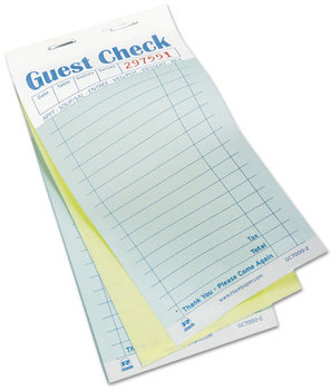 Guest Check Pad with Multi-Part Carbonless Guest Checks. 3.50 X 6.75 in. Green. 50 forms/pad, 50 pads/carton.
