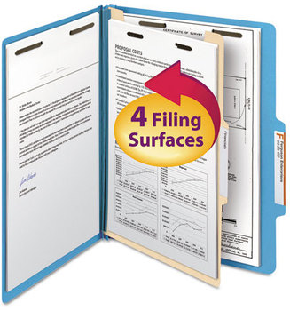 Smead™ Colored Top Tab Classification Folders with SafeSHIELD® Coated Fasteners Four 2" Expansion, 1 Divider, Letter Size, Blue Exterior, 10/Box