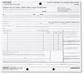 Rediform® Speediset® Bill of Lading, Short Form,  Short Form, 8 1/2 x 7, Three-Part, 50 Loose Form Sets/Pack