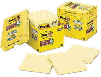 Post-it® Notes Super Sticky Ruled Pads in Cabinet Pack. 4 X 4 in. Canary Yellow. 90 sheets/pad, 12 pads/pack.