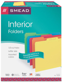Smead™ Interior File Folders 1/3-Cut Tabs: Assorted, Letter Size, 0.75" Expansion, Colors, 100/Box
