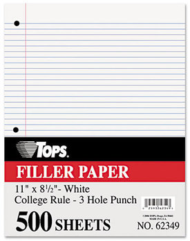 TOPS™ Filler Paper, 3-Hole, 16 lb, 8 1/2 x 11, College Rule, White, 500 Sheets/Pack