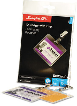 Swingline™ SelfSeal™ Self-Adhesive Laminating Pouches & Single-Sided Sheets,  8mil, 4 1/8 x 2 15/16, 10/Pack