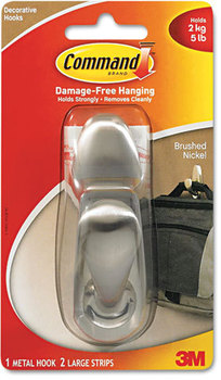 Command™ Metal Hooks,  Large, Brushed Nickel Finish, 1 Hook & 2 Strips/Pack