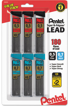 Pentel® Super Hi-Polymer® Lead Refill Value Pack, 0.5mm, 0.7mm, HB, Black, 30/Tube, 6 Tubes/Pack