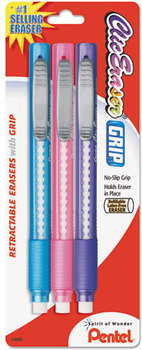 Pentel® Clic Eraser® Grip Eraser, Assorted, 3/Pack