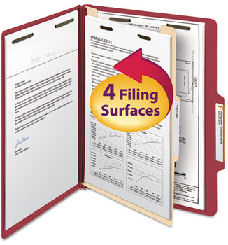 Smead™ Colored Top Tab Classification Folders with SafeSHIELD® Coated Fasteners Four 2" Expansion, 1 Divider, Letter Size, Red Exterior, 10/Box