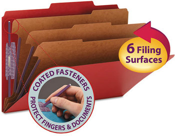Smead™ Eight-Section Colored Pressboard Top Tab Classification Folders with SafeSHIELD® Coated Fasteners 8 3 Dividers, Legal Size, Bright Red, 10/Box