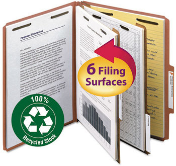 Smead™ 100% Recycled Pressboard Classification Folders 2" Expansion, 2 Dividers, 6 Fasteners, Letter Size, Red Exterior, 10/Box