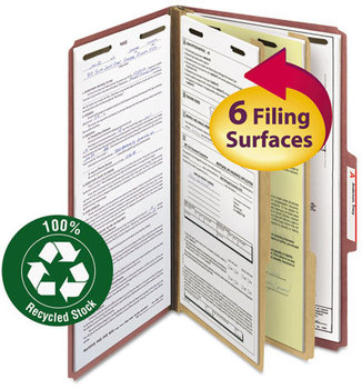 Smead™ 100% Recycled Pressboard Classification Folders 2" Expansion, 2 Dividers, 6 Fasteners, Legal Size, Red Exterior, 10/Box