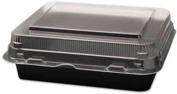 SOLO® Creative Carryouts® Hinged Plastic Hot Deli Boxes. 18 oz. 6.22 X 5.91 X 2.09 in. Black and Clear. 200 count.