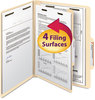 A Picture of product SMD-13700 Smead™ Manila Four- and Six-Section Top Tab Classification Folders Four-Section 2" Expansion, 1 Divider, 4 Fasteners, Letter Size, 10/Box