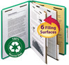 A Picture of product SMD-14063 Smead™ 100% Recycled Pressboard Classification Folders 2" Expansion, 2 Dividers, 6 Fasteners, Letter Size, Green Exterior, 10/Box