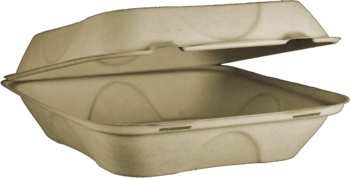 Biodegradable, Compostable To-Go Container.  9" x 9" x 3".  Plant Fiber, 1-Compartment Clamshell.  50 Containers/Sleeve, 6 Sleeves/Case.