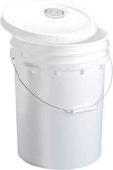 Pail with Lid and Metal Handle. 5 Gallon Capacity. Lid features Flexspout and gasket cover. White Color. High Density Polyethylene.