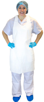 Aprons. Disposable White Apron. 24" x 42". White Embossed Polyethylene 100/Box 10box/Case Individually Packed