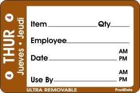 Food Rotation Label.  For "Thursday".  2" x 3" Trilingual, 500 Labels Per Roll.