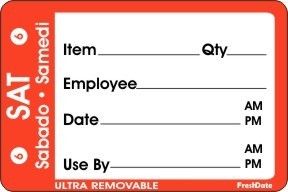 Food Rotation Label. For "Saturday".  2" x 3" Trilingual, 500 Labels Per Roll.