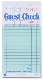 Guest Checks, Green 1 Part Booked 16 Lines. 3.46 X 6.69 in. 5000 checks.