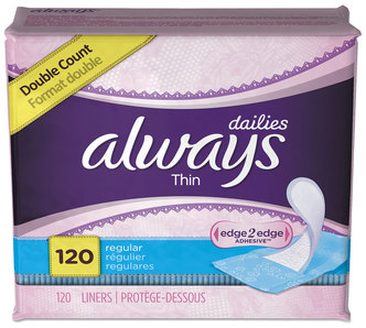 Always® Dailies Thin Liners, Regular. 120/pack, 6 packs/carton.