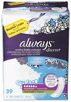 Always® Discreet Sensitive Bladder Protection Pads, Maximum, Extra Long, 39/Pack, 3 Packs/Case