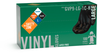 Gloves. Vinyl.  Medium Size. Powder-Free, Black Color. 100 Gloves/Box, 10 Boxes/Case.  1,000 Gloves/Case.