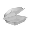 A Picture of product 217-108 Foam Hinged Lid Container.  Single Compartment.  8.4" L x 7.9" W x 3.3" H.  White Color.  100 Containers/Sleeve.