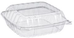 Dart ClearSeal® Medium PET Plastic Hinged Lid Containers. 8.3 X 8.3 X 3.0 in. Clear. 125 containers/sleeve, 2 sleeves/case.