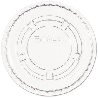 Solo® Ultra Clear™ Soufflés PET Portion Container Lids, Flat Top with No Slot. Fits 0.5 oz to 1 oz Cups. 2500/Case.