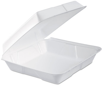 Foam Hinged Lid Container with Perforated Removable Lid. Single Compartment. 9.5" L x 9.3" W x 3.0" H. White Color. 200 Containers (2 Sleeves/100 Ct Each)
