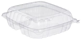 Dart ClearSeal® 3-Compartment Large Plastic Hinged Lid Containers. 8-7/8 X 9-3/8 X 3 in. Clear. 100 containers/sleeve, 2 sleeves/case.
