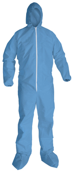 KleenGuard™ A65 Flame-Resistant Coverals with Elastic Wrists and Ankles, Boots, Hood, and Zipper Front. 3X-Large. Blue. 21/Carton.