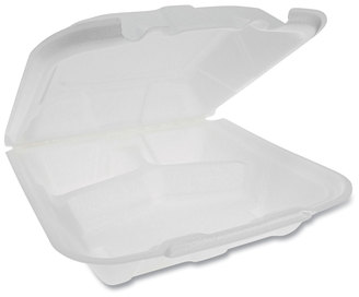 Pactiv Foam Hinged Lid Containers, Dual Tab Lock Economy, 9.13 x 9 x 3.25, 3-Compartment, White, 150/Carton