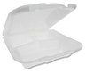 A Picture of product PCT-YTD19903ECON Pactiv Foam Hinged Lid Containers, Dual Tab Lock Economy, 9.13 x 9 x 3.25, 3-Compartment, White, 150/Carton