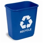 Rectangular Commercial Plastic Recycling Wastebasket.  28 Quart.  10-1/2" x 14-1/2" x 15" Tall.  Blue Color with White Recycle Message.